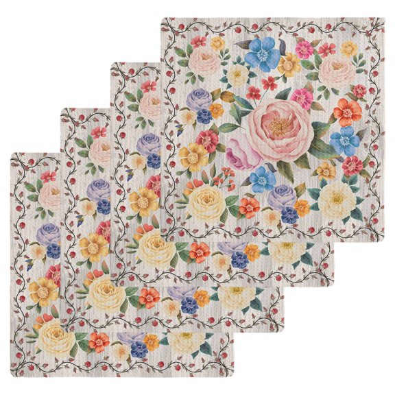 Boho Pink Flowers Kitchen Dish Towels for Drying Dishes Set of 4, Colorful Floral Spring Vintage Botanical Waffle Weave Microfiber Hand Tea Bathroom Towels Quick Dry & Absorbent Towel 12x12