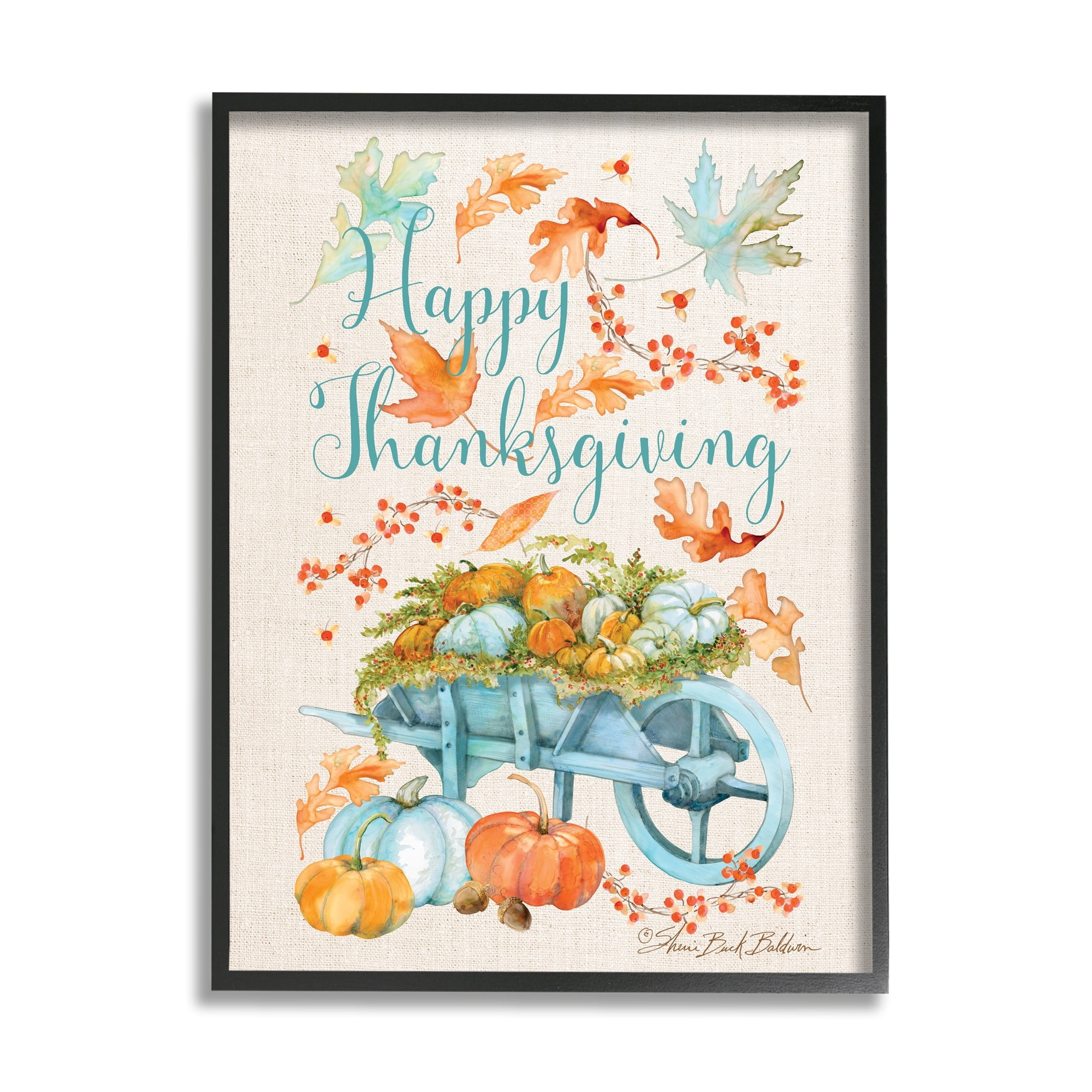 Stupell Industries Happy Thanksgiving Phrase Holiday Pumpkin Wagon Holiday Painting Gray Framed Art Print Wall Art, 11 x 14
