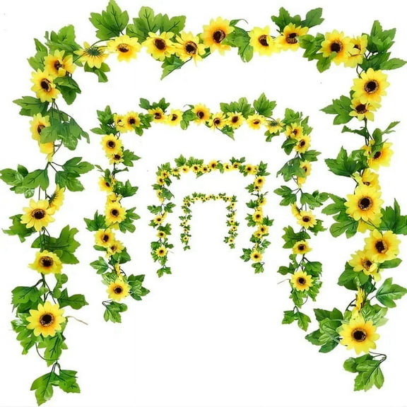 ERDOUY 3-Pack Artificial Sunflower Garland, 7.5ft/Strand Silk Sunflower Hanging Vine Flowers with Green Leaves for Room Kitchen Garden Birthday Wedding Party Table Decoration