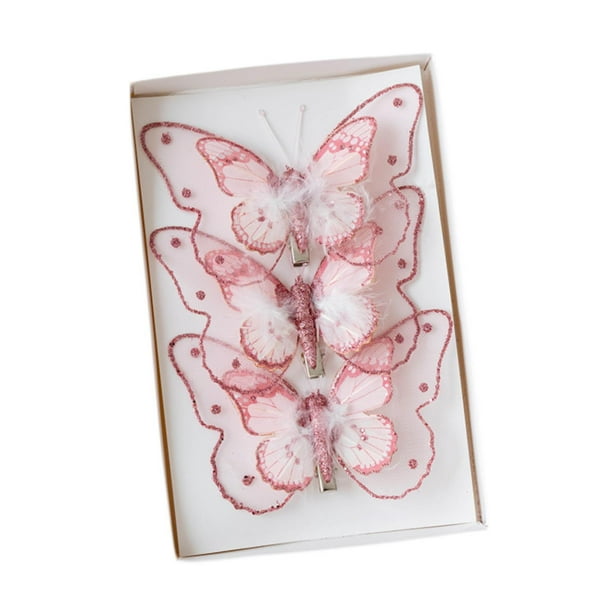 Adornos navideños de mariposas, mariposas colgantes, adorno de mariposa para guirnalda Rosa 3 piezas