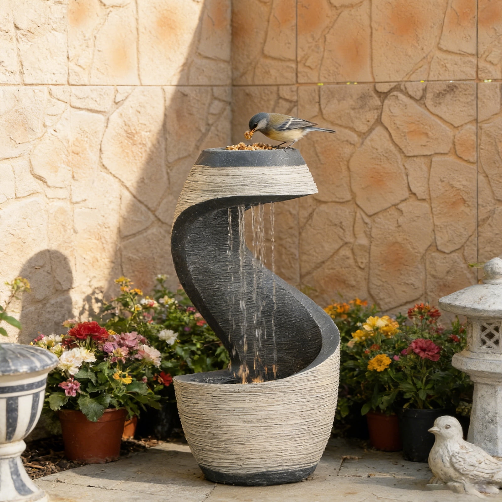 Outdoor Water Fountain 37" Tall S-Curve Floor-Standing Rainfall Fountain Garden Waterfall Feature with LED, Garden Patio Porch Yard Decor, Outdoor Water Feature with Flat Top for Plant, Resin