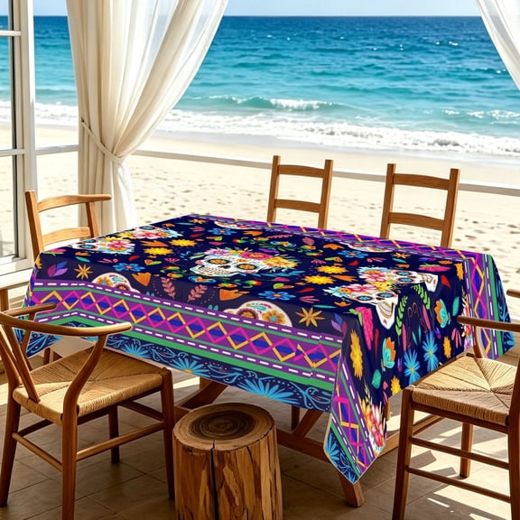 Dark Blue Sugar Skull Floral Geometric Print Rectangular Tablecloth, Mexican Folk Cover for Kitchen Patio Decor, Dia De Los Muertos Halloween Fiesta Celebrations, Holiday Gift