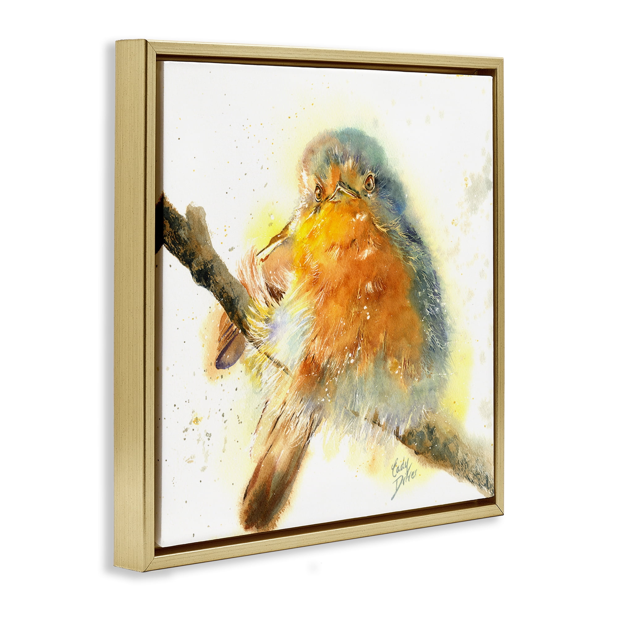 Stupell Industries Seated Songbird Watercolor Gold Framed Floater Canvas Wall Art, design by Cady Driver