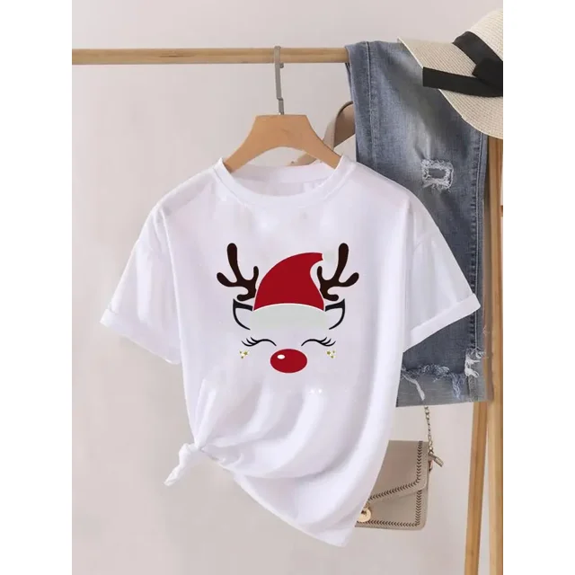 Camiseta estampada de manga corta para mujer, ropa de Navidad, moda de Año Nuevo, camiseta estampada