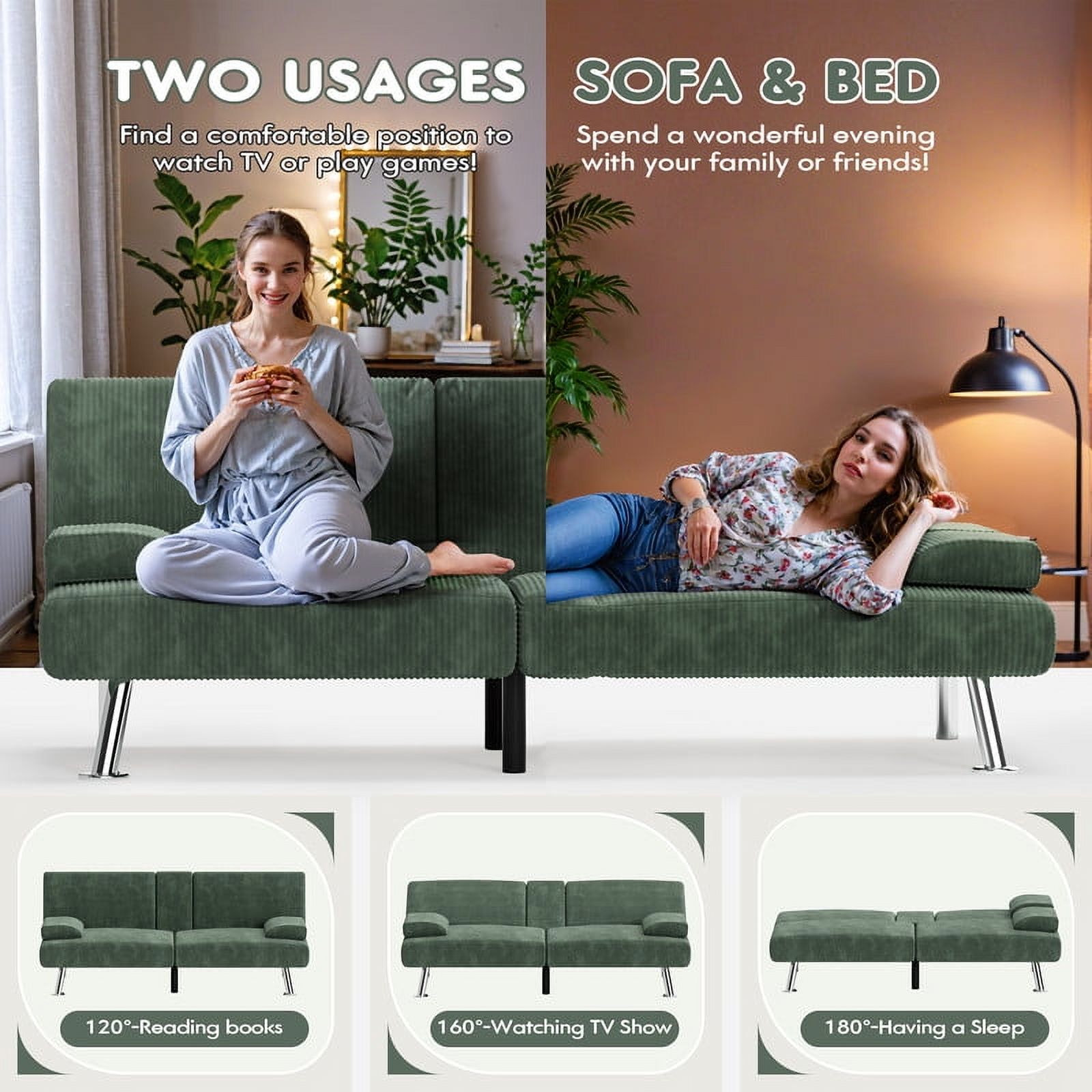 Vineego Convertible Corduroy Futon Sofa Bed with Removable Armrests,Green