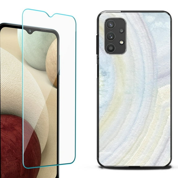 Slim-Fit Flexible TPU Gel Phone Case (black) for Samsung Galaxy A32 5G, with Tempered Glass Screen Protector, by OneToughShield ® - Marble / Rainbow