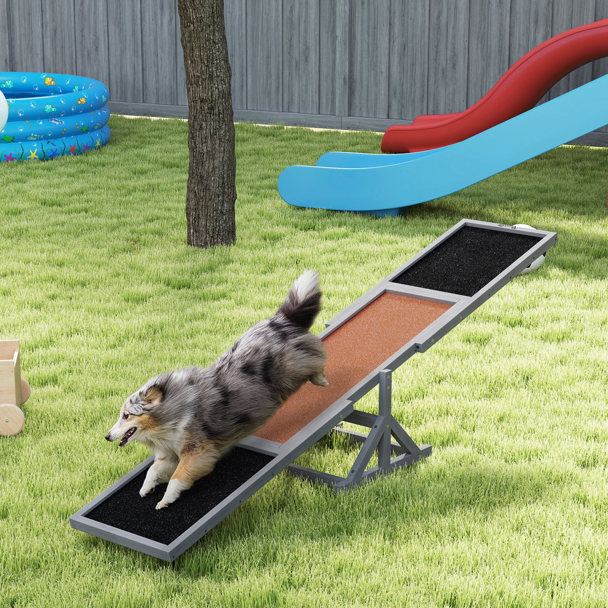 PawHut Wooden Dog Agility Seesaw for Training and Exercise, Platform Equipment Run Game Toy Weather Resistant Pet Supplies, Gray