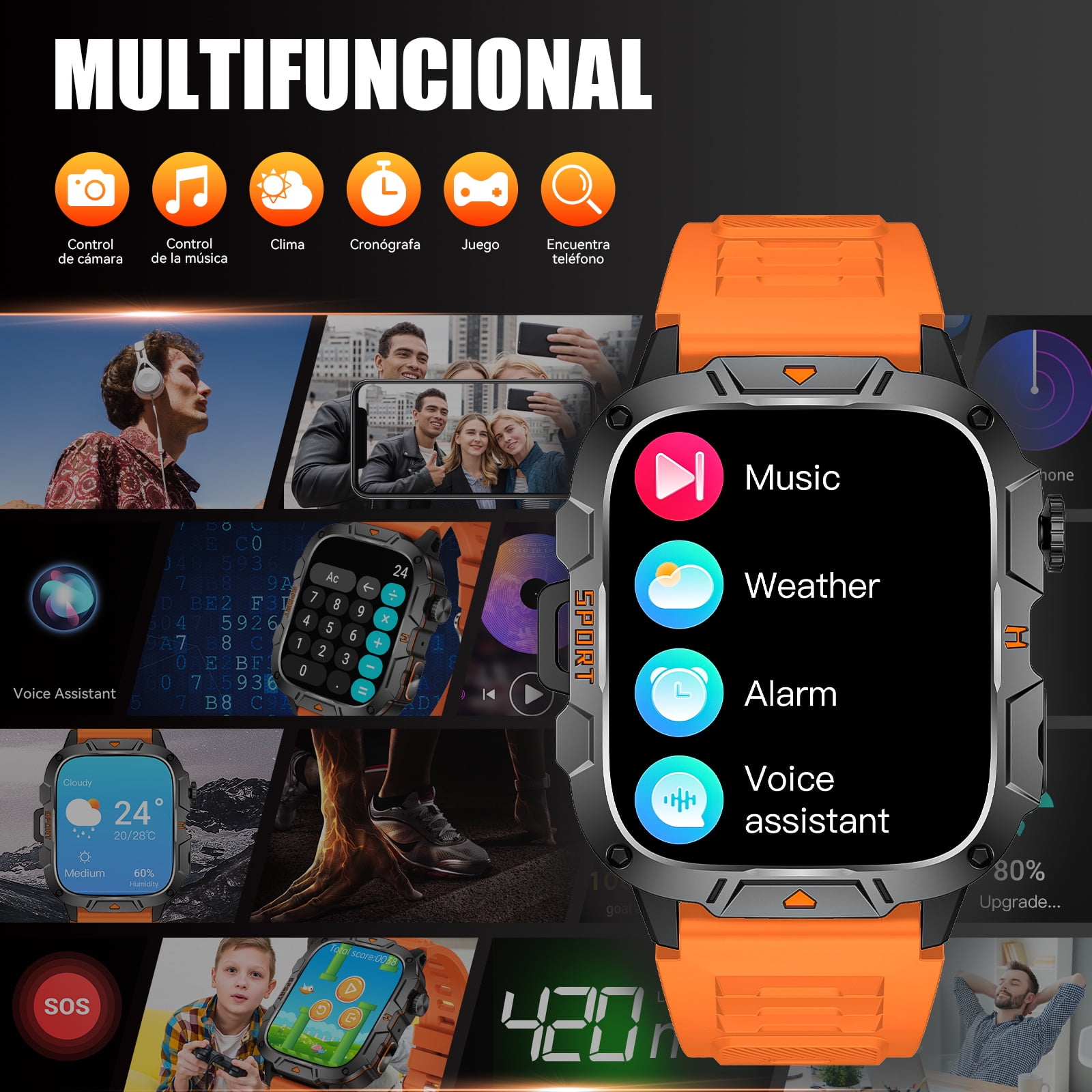 Cyberdyer Men's Smart Watch with LED Flashlight, 1.96" HD Screen, 100+ Sports Modes, 25-Day Standby, Compatible with iPhone & Android, Holiday Gift