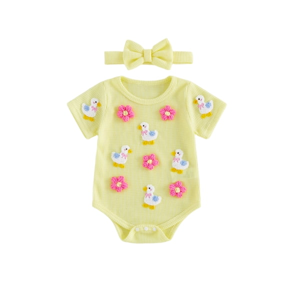 BemeyourBBs Newborn Baby Girl Duck Outfit Infant Baby Girl Summer Clothes Bubble Romper Cute 3D Crochet Duck Flower Embroidery Short Sleeve Bodysuit Playsuit and Headband Set