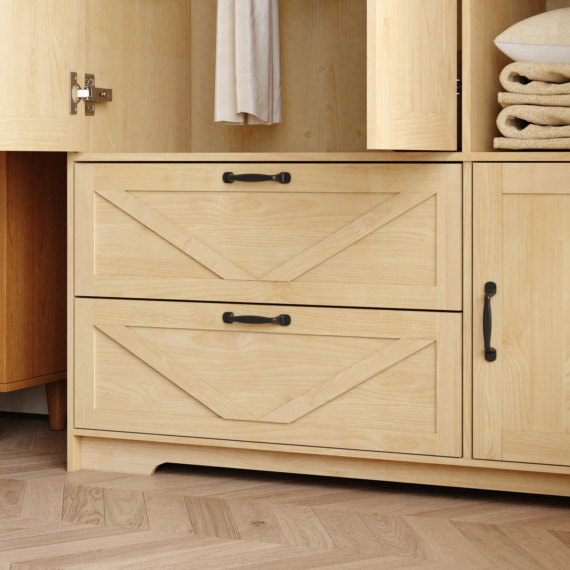 Noble House 4 Doors Wardrobe Closet with Mirror, LED Light and Drawers, Natural