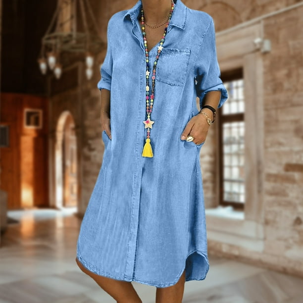 Vestido Vestido con botones para mujer elegante vestido de blusa desgastada de mezclilla vestido camisero de verano Kuymtek Azul claro T XL para Mujer Bodega Aurrera en linea