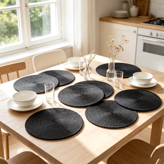 Round Placemats Set of 5 Boho Braided Border 11.8 inch Circle Place Mats Washable Fabric Table Mats for Kitchen Dining Table, Black