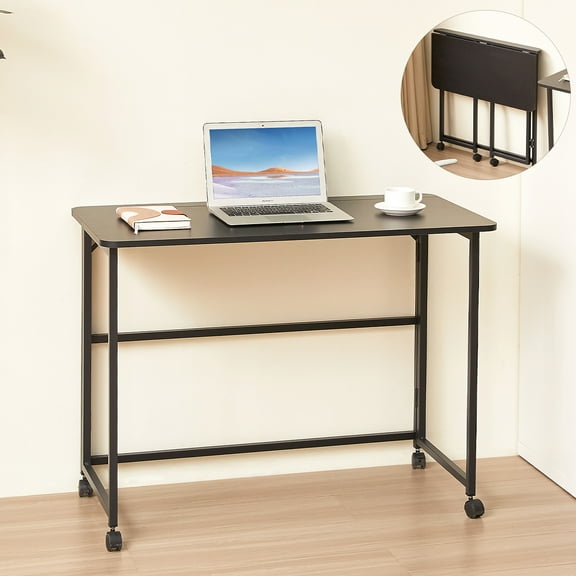 GZXS 39-Inch Folding Computer Desk, Rolling Writing Desk on Wheels for Small Spaces, No Assembly Needed, Portable Study Table for Home Office, Bedroom, or Dorm – Black