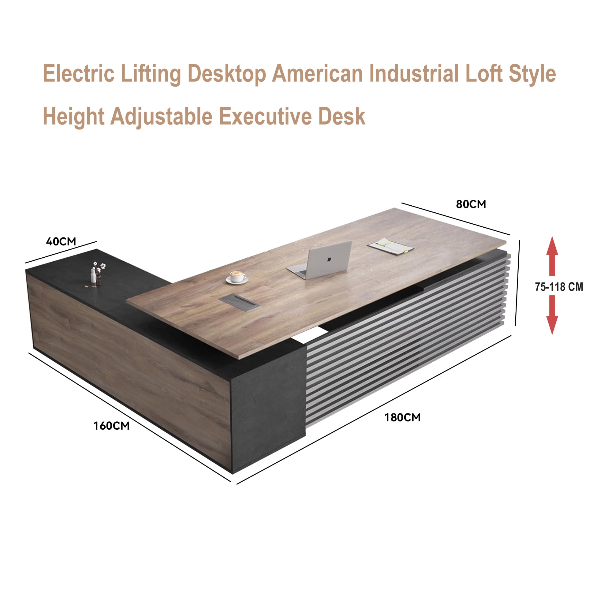 Adjustable Height L Shaped Executive Desk with Universal Charging Ports