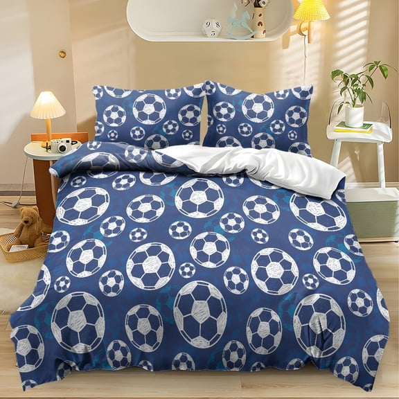 ZIATUBLES Blue Soccer Ball Print Twin Size Duvet Cover Set, 3 Pieces Soft Cozy Bedding, 1 Duvet Cover & 2 Pillowcases, Easy Care Lightweight Bedding for All Season, Chic Modern Decor