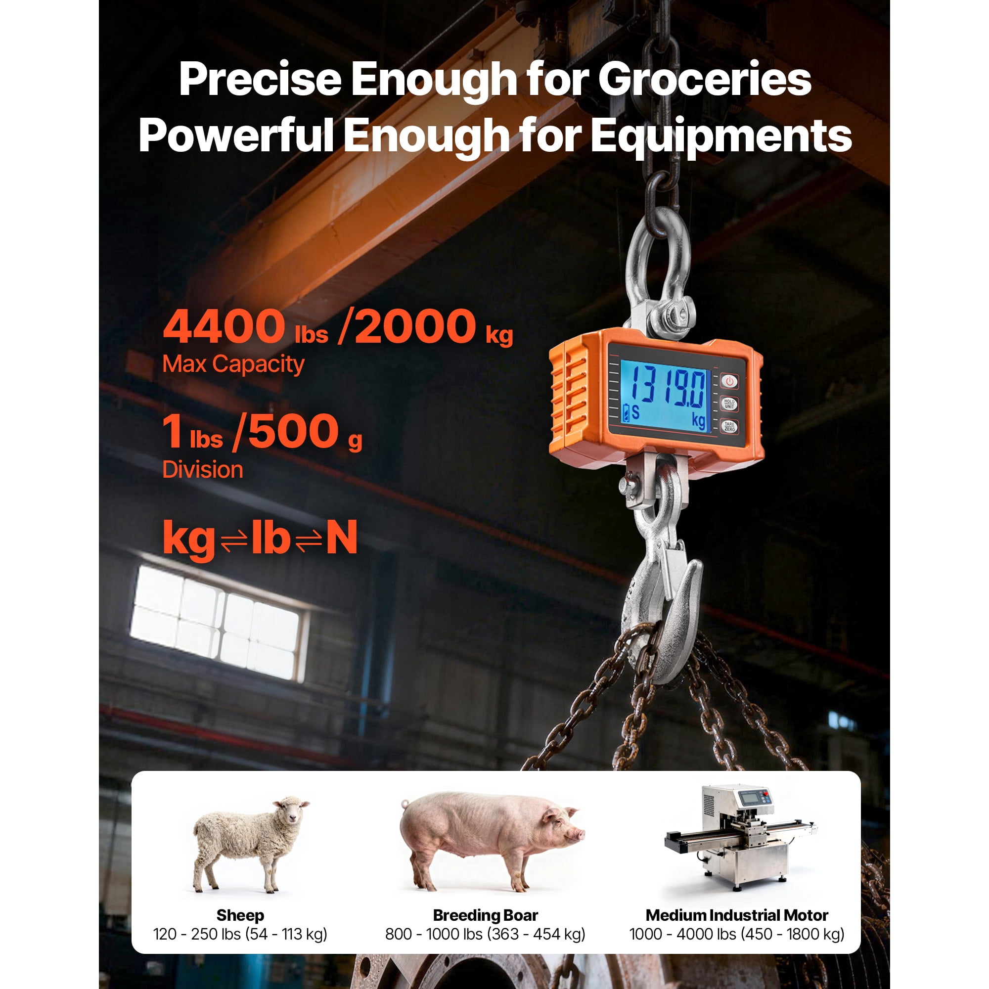 KFFKFF Digital Crane Scale, 4400 lbs/2000 kg Capacity, Industrial Hanging Scale with Durable Aluminum Case & LCD Display, 1 lb Precision, 3 Unit Options, Remote Control for Workshop or Factory Use