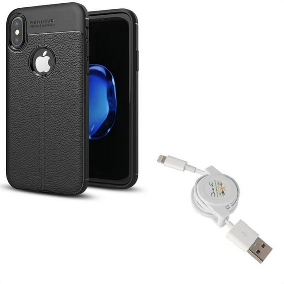 Case w USB Cable for iPhone XS/X - PU Leather Slim Fit Cover Reinforced Bumper Shock Absorbent, Retractable Charger Power Cord Sync for iPhone XS/X