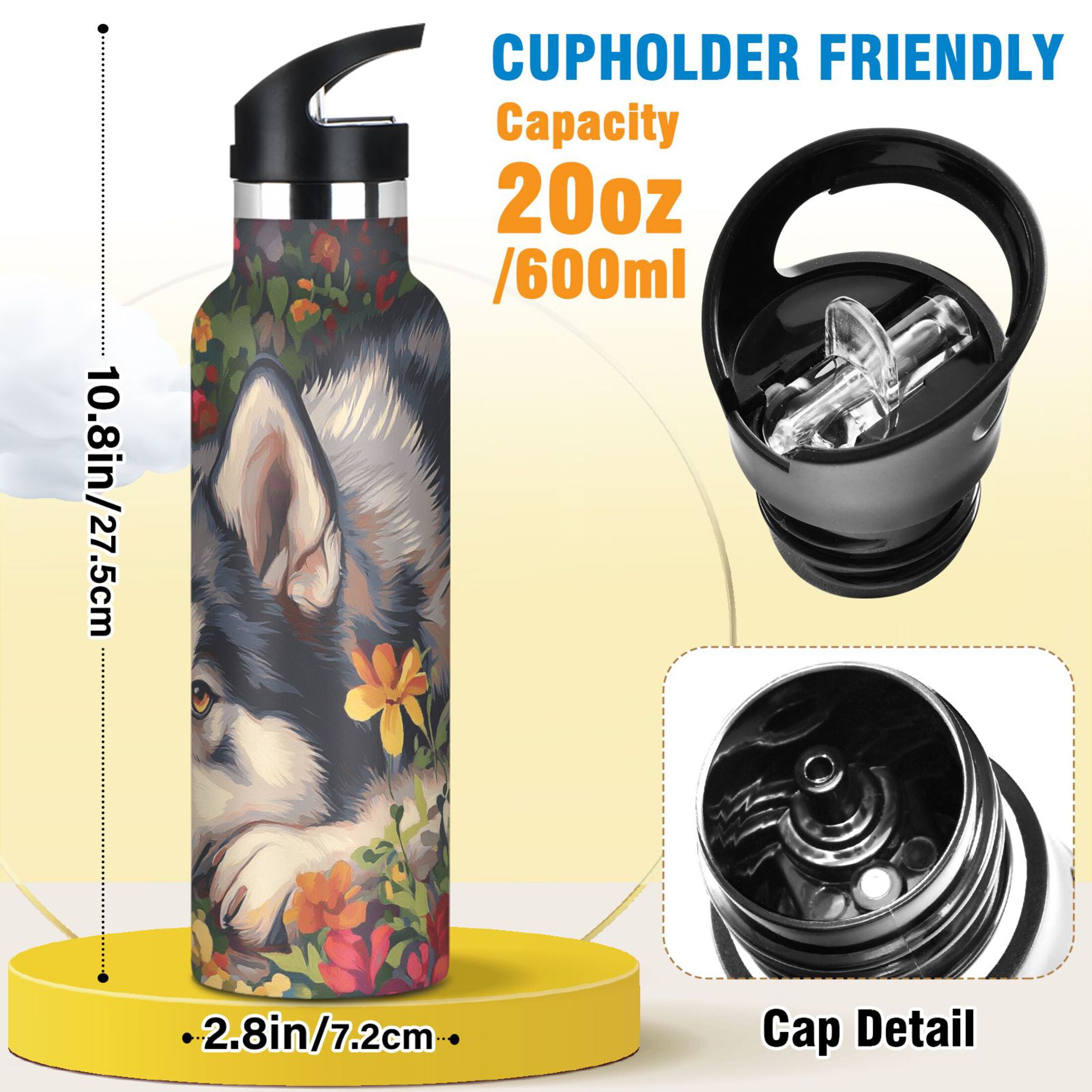 600ML Stainless Steel Insulated Cup Sports Water Bottle Portable Thermos Cup Water Glasses Insulated Tumblers Convenient and Durable Husky Flowers
