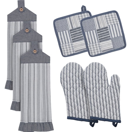 VHC Brands Sawyer Mill Blue 7PC Set 2 Oven Mitts 2 Pot Holders and 3 Tea Towels