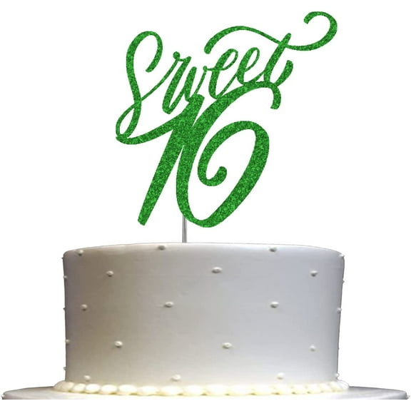 Sweet 16 Glitter Cake Topper, Sixteen Birthday Party Decorations Ideas, Sturdy Doubled Sided Glitter, Acrylic Stick. Made in USA (Green)