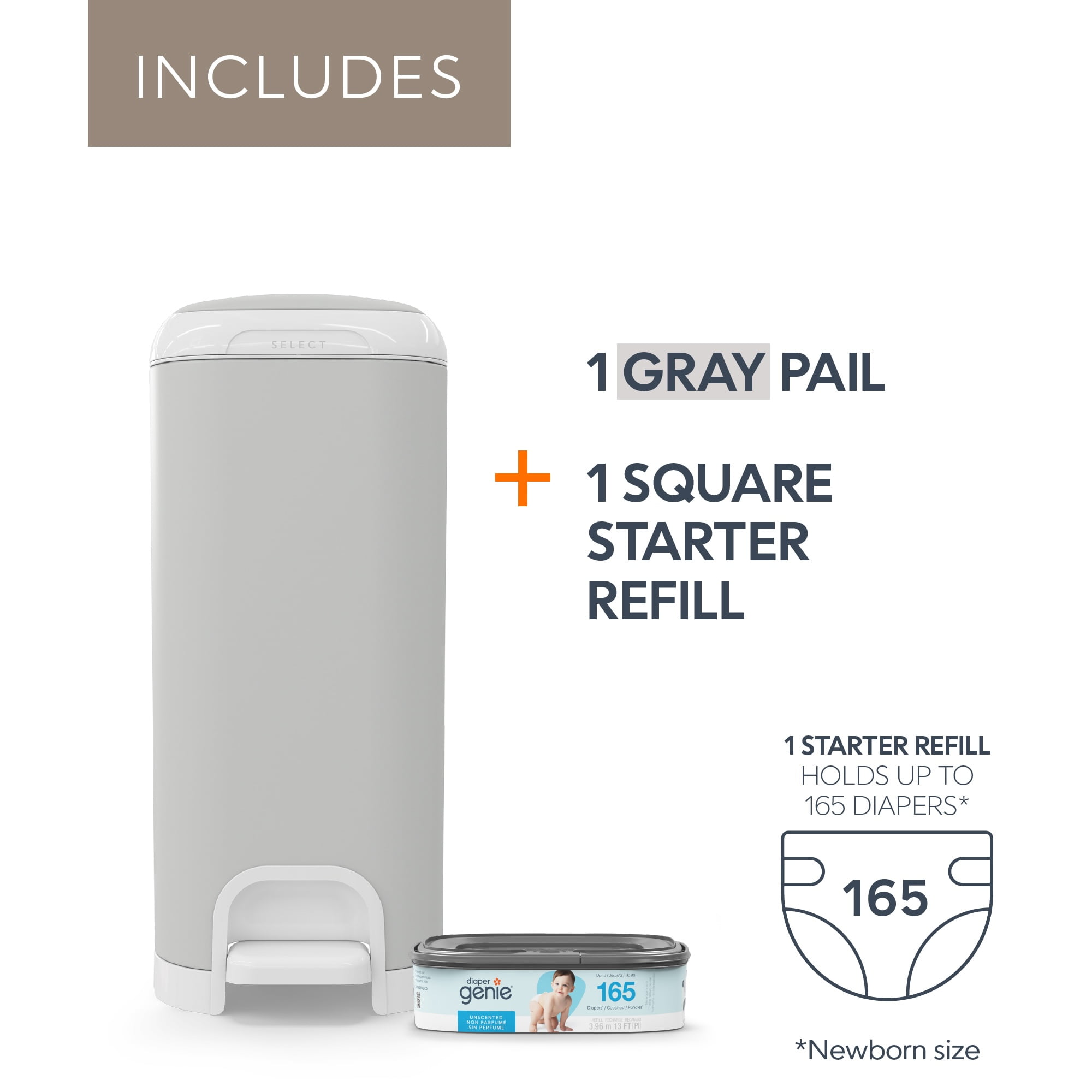 Diaper Genie Select Pail,Grey, Stainless Steel,1 Diaper Pail, 1 Square Refill - 165 Count, Infant