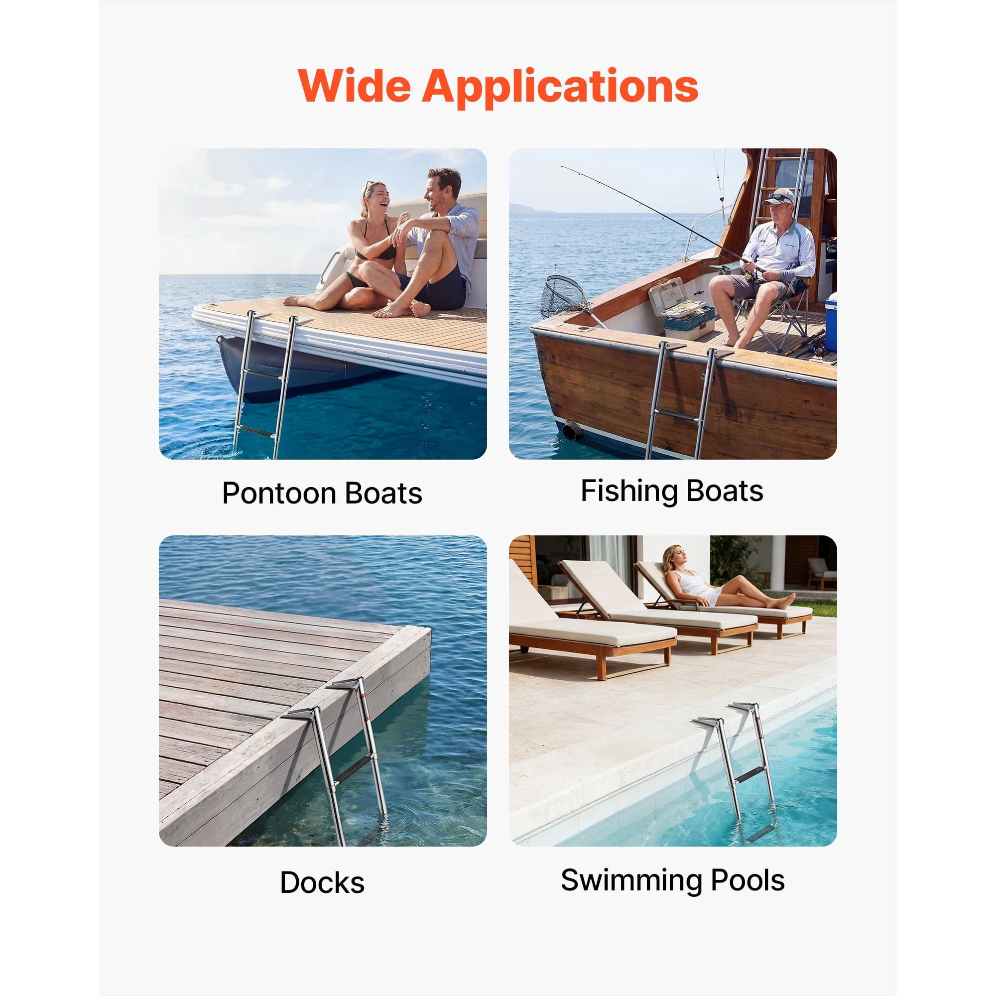 3 Steps Boat Ladder, Stainless Steel Telescoping Folding Swim Deck Ladder for Rear Entry Inboard, Heavy Duty 600 lbs Capacity with Wide Anti-Slip Steps, for Outboards, Yacht, Pontoon Boats