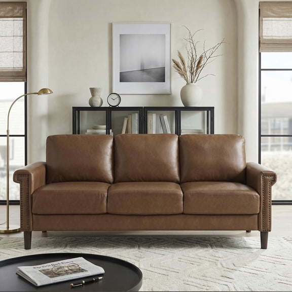 OakvillePark Hartwell Faux Leather Sofa with Nailhead Trim, Chocolate