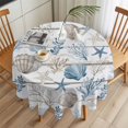 thumbnail image 3 of Blue Brown Coastal Round Tablecloth 54 inches Summer Coral Starfish Shell Wood Grain Waterproof Oil-Proof Table Cloth Round Table Cover for Holiday Party Picnic Dinner Decor Indoor and Outdoor Use, 3 of 9