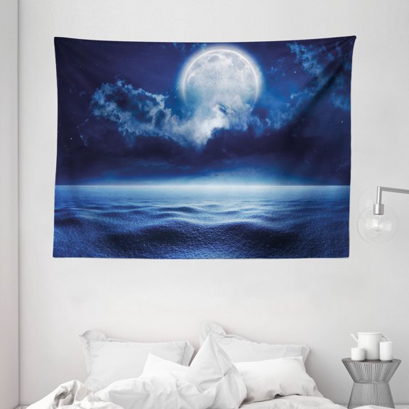 Moon Tapestry, Full Moon with Calm Sea and Clouds Nature Image Design Cold Winter Night Sky, Wall Hanging for Bedroom Living Room Dorm Decor, 80W X 60L Inches, Navy Blue White, by Ambesonne
