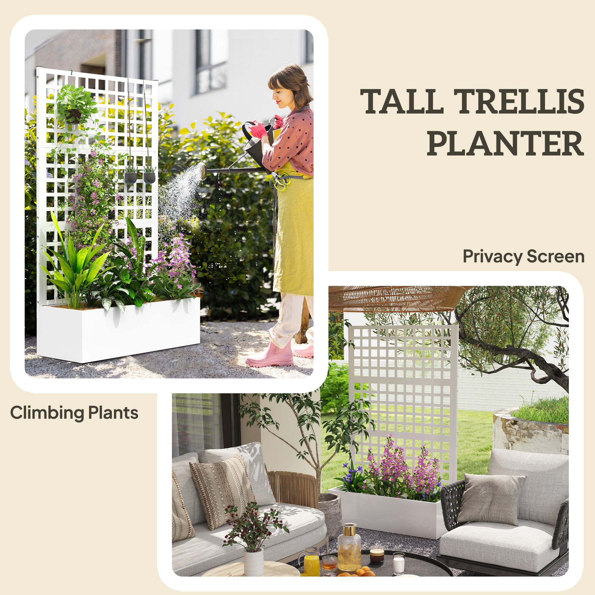 Outsunny Galvanized Raised Garden Bed with Trellis and Drainage Holes for Climbing Plants, Vegetable, Vines, 43" x 16" x 70", White