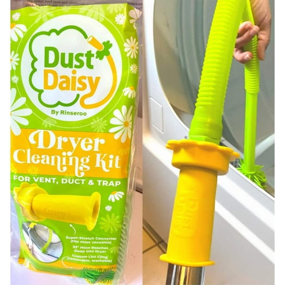 Dust Daisy: Stretch-On, Dryer Vent Cleaner Kit with Washable Lint Cling. Patented, Universal Fit, Vacuum Hose Attachment. Custom Daisy Design. No Clog, Long Flex Hose.