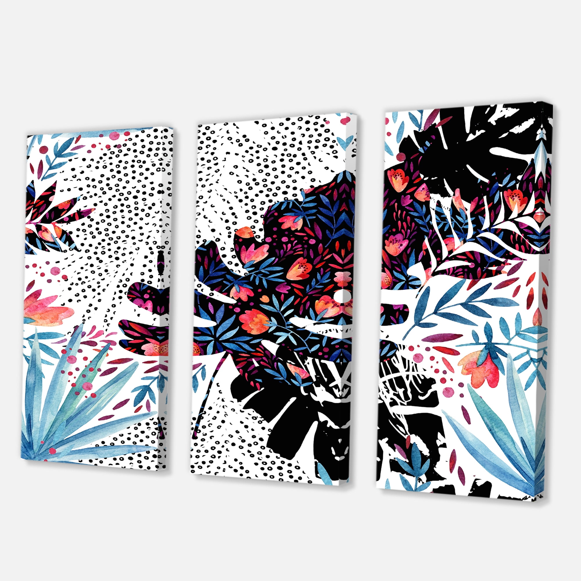 Designart ' Abstract Tropical Floral Patchwork I ' Tropical Canvas Wall Art Print