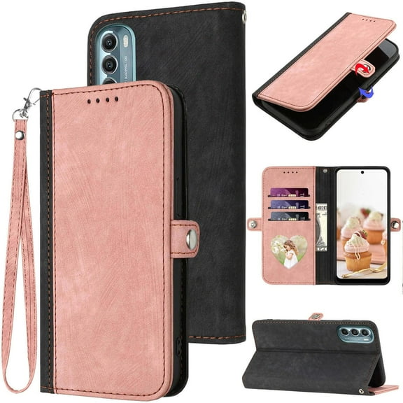 Designed for Moto G Stylus 5G 2022 Phone Case Wallet,RFID-Blocking Card Holder Slots,Leather Stand Flip Cases Strap,Magnetic Closure,Shockproof Protective Cover for Moto G Stylus 5G 2022 (Pink)
