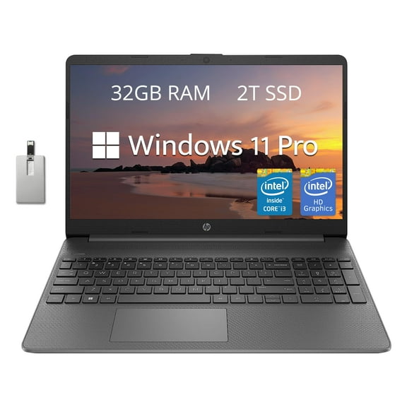 HP 15.6" FHD Laptop, Intel Core i3-1215U, 32GB RAM, 2TB SSD, Intel UHD Graphics, HD Webcam, Numpad, Wi-Fi 6, Bluetooth, Gray, Windows 11 Pro, 32GB USB Card