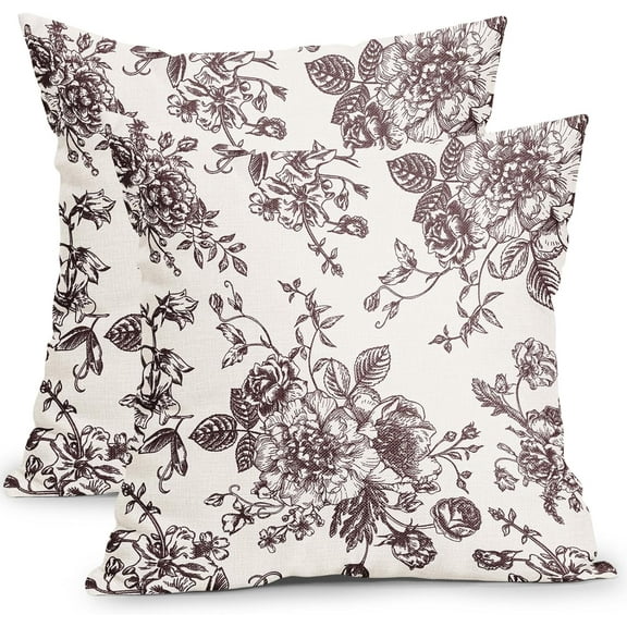 Vintage Floral Pillow Covers 18x18 Inch Set of 2 Burgundy and Cream Floral Throw Pillow Covers Chinoiserie Flower Pillowcases Rustic Farmhouse Cotton Linen Cushion Covers for Couch Bed Sofa Home Decor