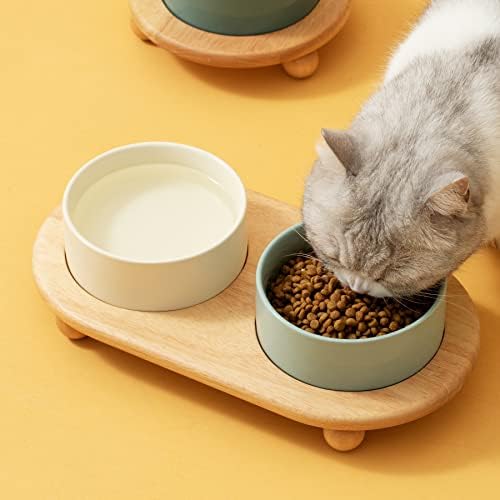 Ceramic Elevated Dog Bowls, Food and Water Bowls for Dogs, Puppy, Raised Dog Dish, Pet Feeder(6inch, 2 x Beige + Stand)