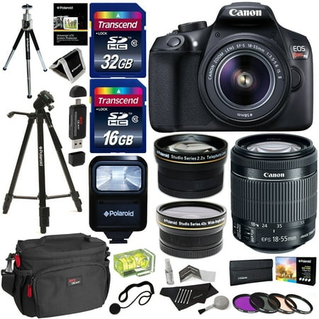 Canon EOS Rebel T6 Digital SLR Camera Kit with EF-S 18-55mm f/3.5-5.6 IS II Lens + Polaroid .43x Super Wide Angle & 2.2X HD Telephoto Lens + 50" & 8" Polaroid Tripods + Memory Cards + Accessory Bundle