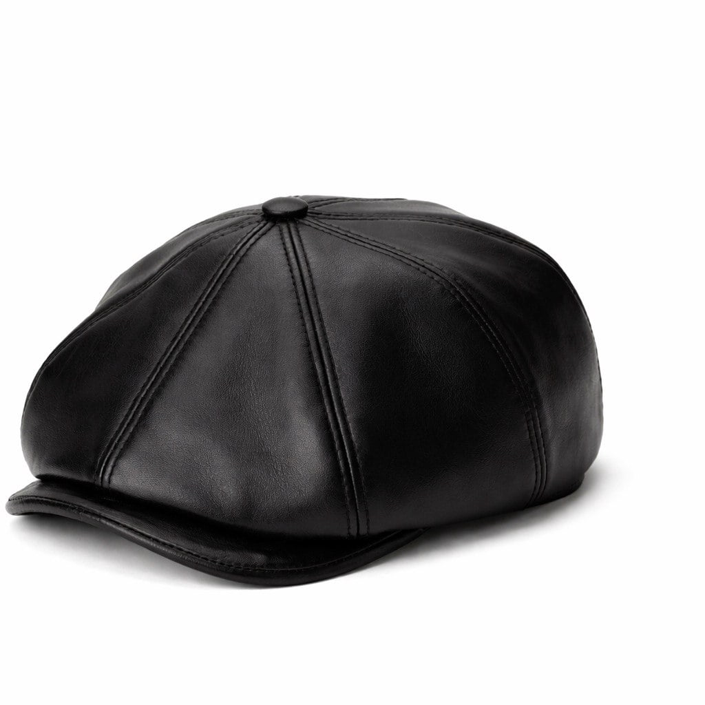 Men’s Genuine Leather Newsboy Cap – Black Ivy Flat Cap, Classic Cabbie Gatsby Black Hat