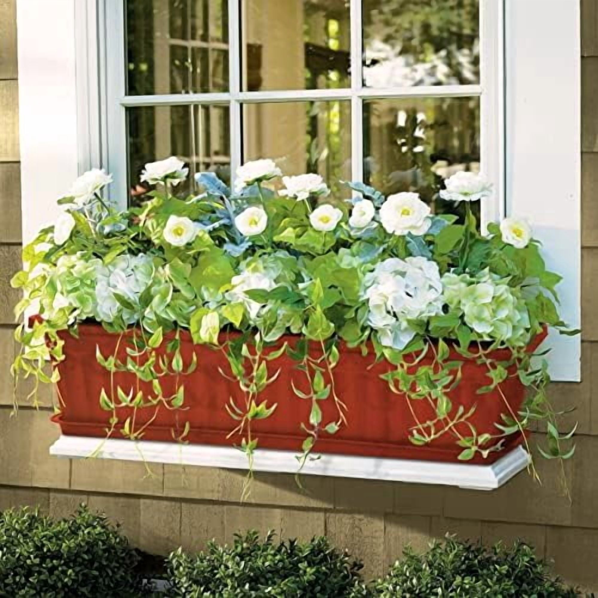 6 Packs Window Box Planter, 17 Inches Flower Window Box Rectangular Plastic Vegetable Planters with Trays for Windowsill, Patio, Garden, Balcony, Brick Red