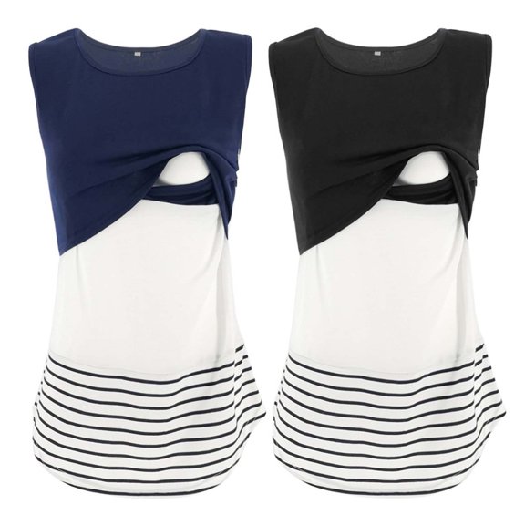 Bovxnpu Summer Women's Round Neck Maternity Tops,Women Sleeveless Pregnancy T Shirts,Pregnant Women Clothes Striped Stitching Lace Tank Nursing Top
