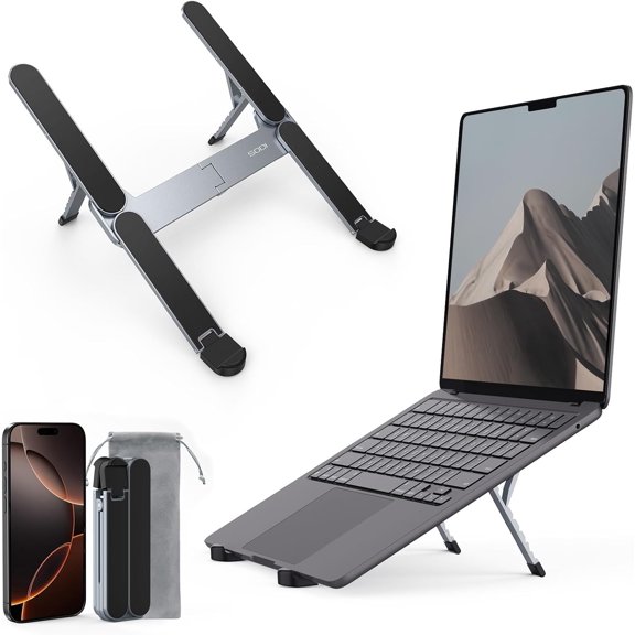 [Ultra Compact] Foldable & Portable Laptop Stand for Desk, Lightweight Tablet Stand for Business Travel, Library, Cafe, 6 Level Height Ergonomic Aluminum Computer Holder for 10-16" Laptops