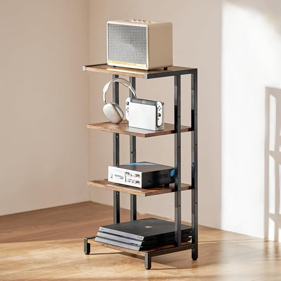 4-Tier AV Media Stand, Corner TV Stand, Height Adjustable Wooden Shelves for DVD Players/Cable Boxes/Games Consoles, Brown