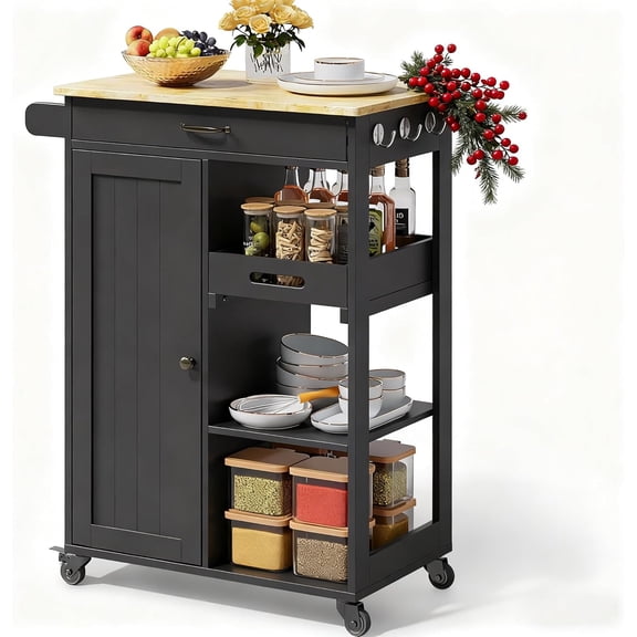 Kitchen Island Cart with Solid Wood Top, Rolling Serving Utility Trolley Cart with Drawer, Cabinet, Towel Rack, Hooks and 3 Open Storage Shelves, Mobile Storage Cart for Dining Room, Bar, Black