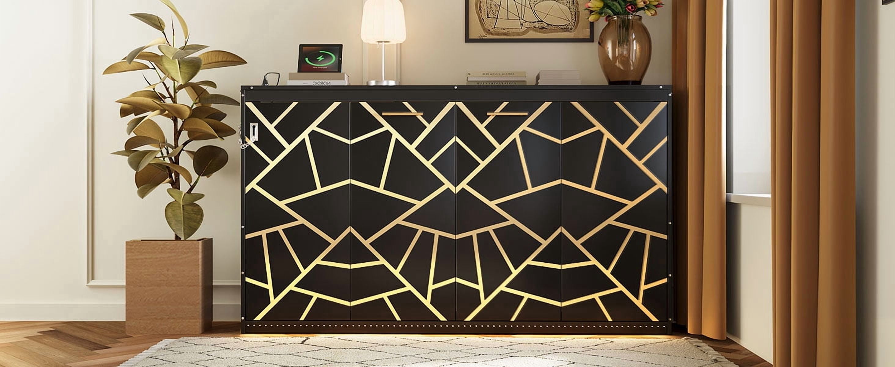 Mintazer Twin Size Murphy Bed with LED Lights & USB Port, Modern Folding Cabinets Bed with Gold Geometric Pattern for Home Office, Black