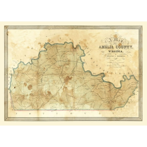 Historic County Map - Amelia County Virginia - Booker 1850 - Vintage Wall Art