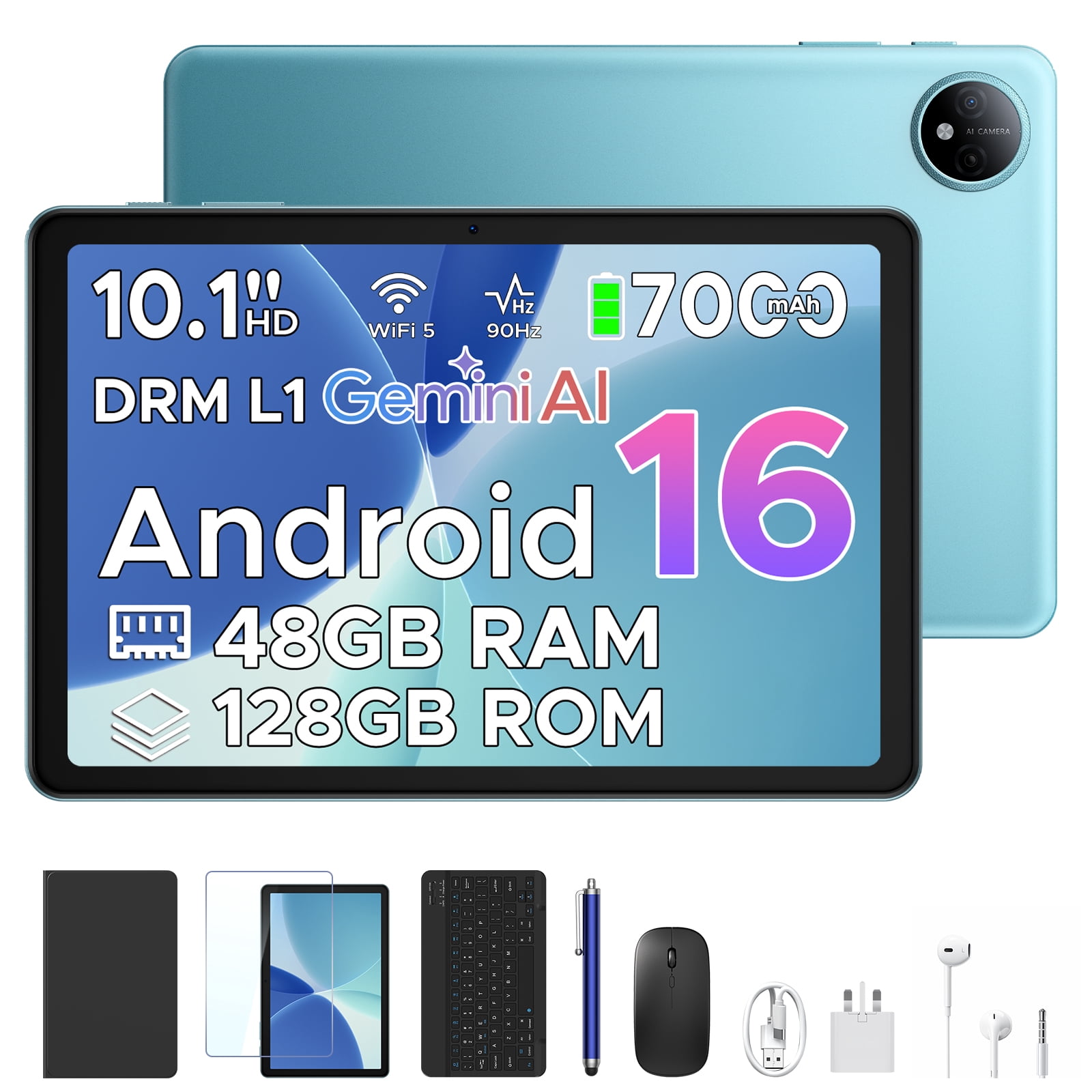 POCKAM P10 10.1 inch Tablet, 48GB RAM+128GB ROM, Android 16 Tablet with Gemini AI, 7000mAh, Unisoc T310 Quad-Core, 90Hz, 8MP+5MP, Dual Speakers, Headphone, Tablet with Keyboard, Pen, Case