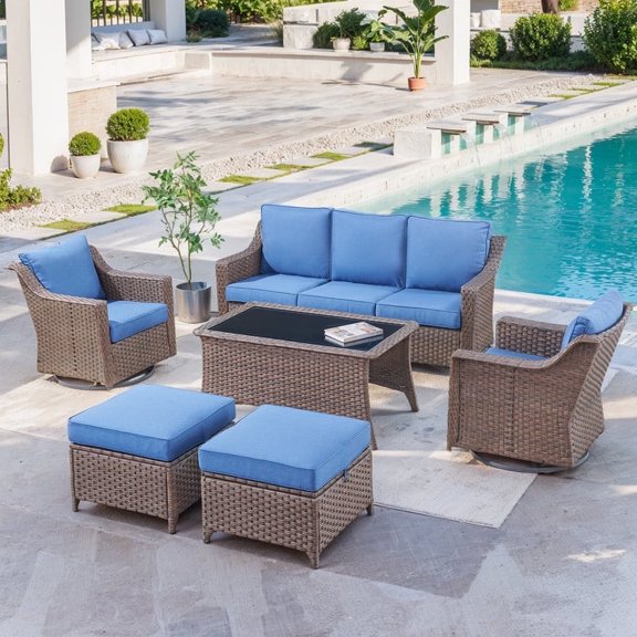 Gymojoy 6-Piece Patio Furniture Set, Oversized Outdoor Wicker Sofa with Swivel Chairs and Coffee Table, Sectional Rattan Outdoor Conversation Set for Poolside Backyard Deck, Blue