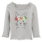 ContiKids Toddler Girls Long Sleeve Top T-shirts Bunny Rabbit Face Graphic Printed Ruffle Edge Tee Shirts Gray 3-4 years