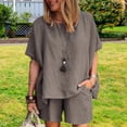 thumbnail image 4 of MSJUHEG Linen Sets for Women 2 Piece,Two Piece Sets for Women,Linen Pants Women,Wide Leg Jumpsuits for Women,Loose Round Neck Solid Color Cotton Two Shorts Suit,Women's Jumpsuits Gray M, 4 of 4