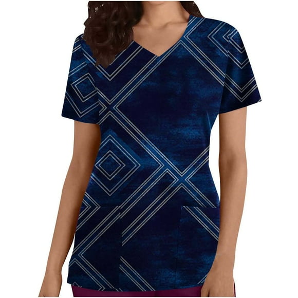 JUNWELL Summer Savings Tunic Nurse Work Uniform for Women 2024 Cap Sleeve Short Sleeve Blouse V-Neck Tops Comfy Breathable Loose Fit Daily Relaxed Shirts Vintage Stripe Basic Tees Blue 6